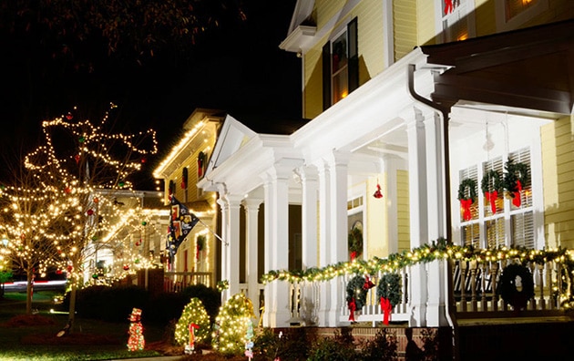 House with holiday decorations on its exterior.